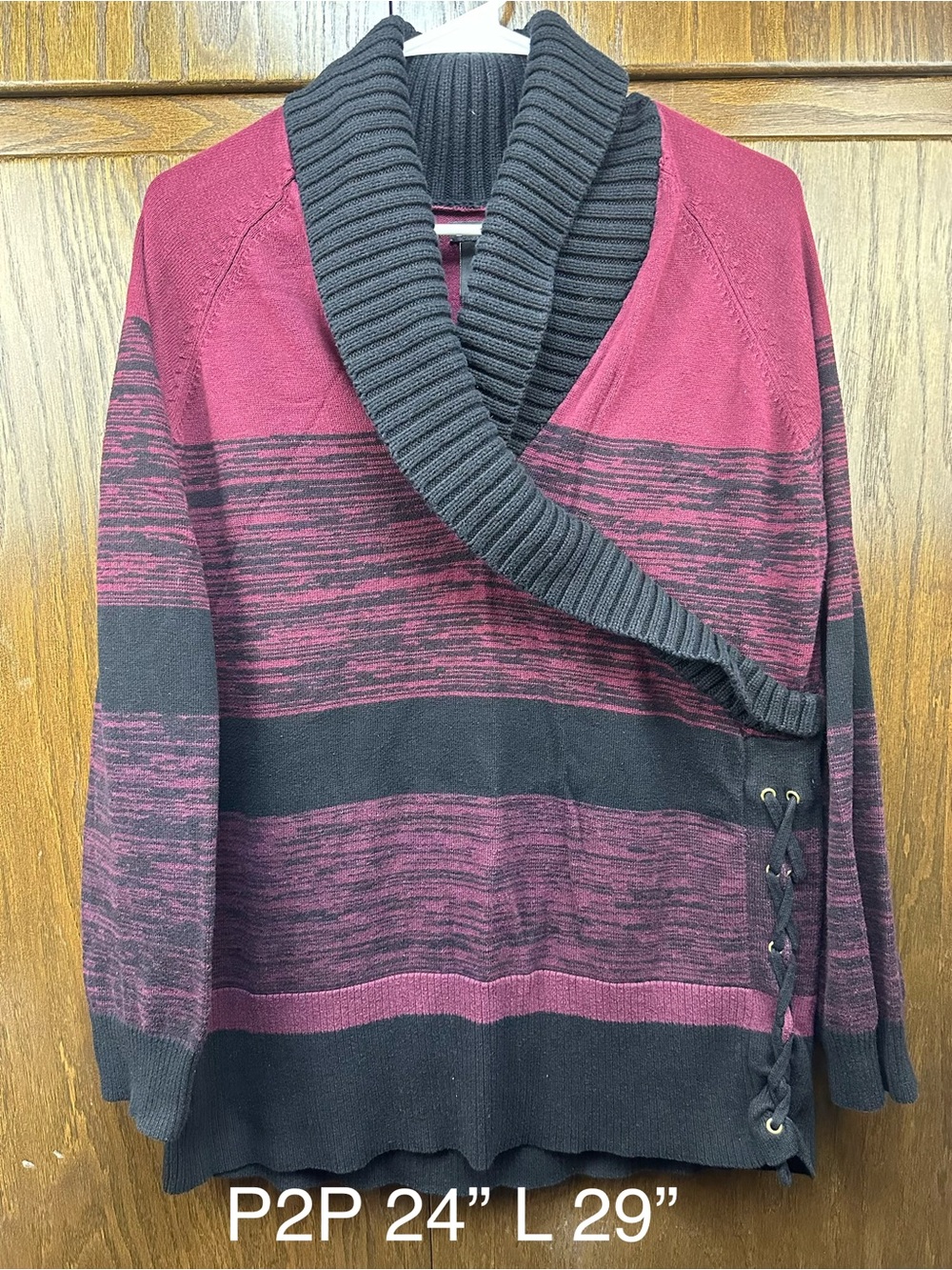 new directions Burgundy & Black Shawl Collar Striped Sweater